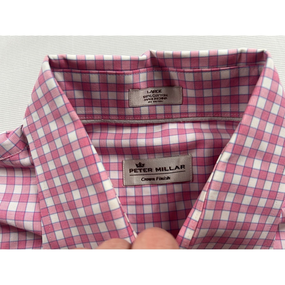 Peter Millar Crown Finish Mens Large Pink Gingham Check Cotton Button Down Shirt